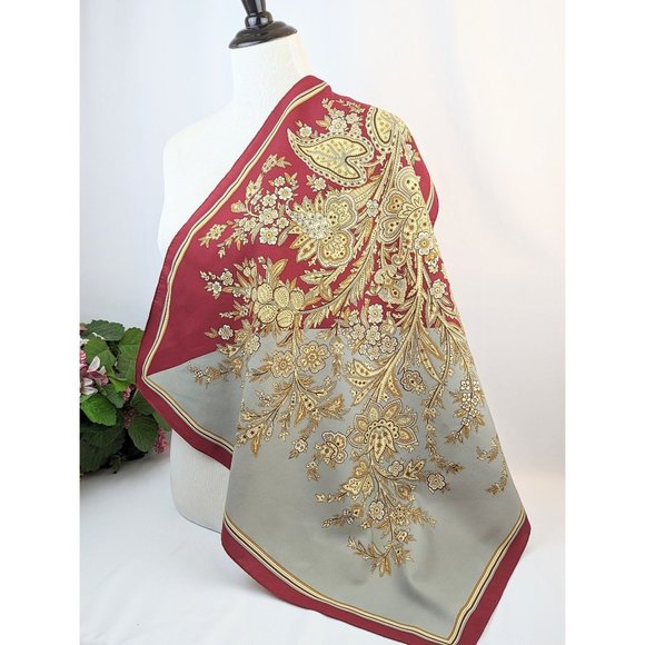 Large Burgundy and Gray Bold Floral 25" Square Silky Statement Scarf Vintage 70s - Picture 3 of 5